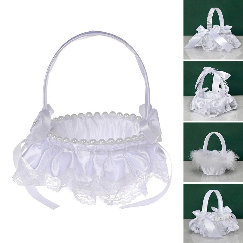 Flower Girl Basket - 記念日ラインストーンヨーロピアンスタイルレースパールフラワーガールバスケットウェディングフラワーバスケットロマンチックホワイト
