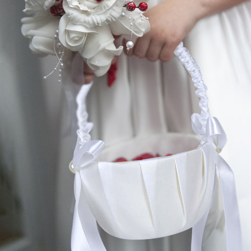 Flower Girl Basket - 20 センチメートル白いフラワーバスケットシルクウェディングバスケット花の花嫁女の子子供手持ち結婚式パーティーの装飾