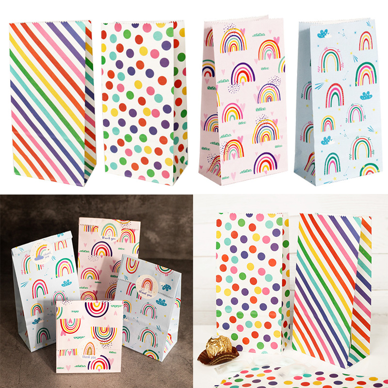 Wedding Event Supply - 小さな紙袋レインボープリントキャンディクッキーバッグピンクブルー子供の誕生日パーティーギフトバッグボックス DIY ベーキング包装用品