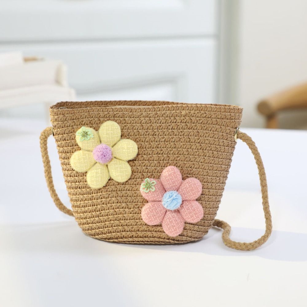 Flower Girl Basket - 手作りの女の子用花柄ストローバッグ、ジッパー付きコインパース、子供用メッセンジャーバッグ、写真撮影用小道具、収納バスケット、クロスボディハンドバッグ