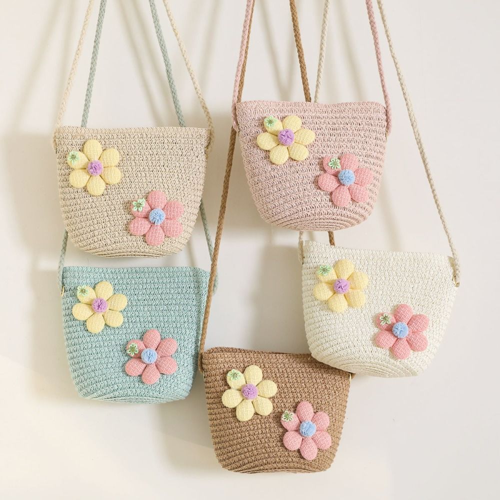 Flower Girl Basket - 手作りの女の子用花柄ストローバッグ、コインパース、ジッパー付きキッズメッセンジャーバッグ、収納バスケット、写真撮影用小道具、クロスボディハンドバッグ